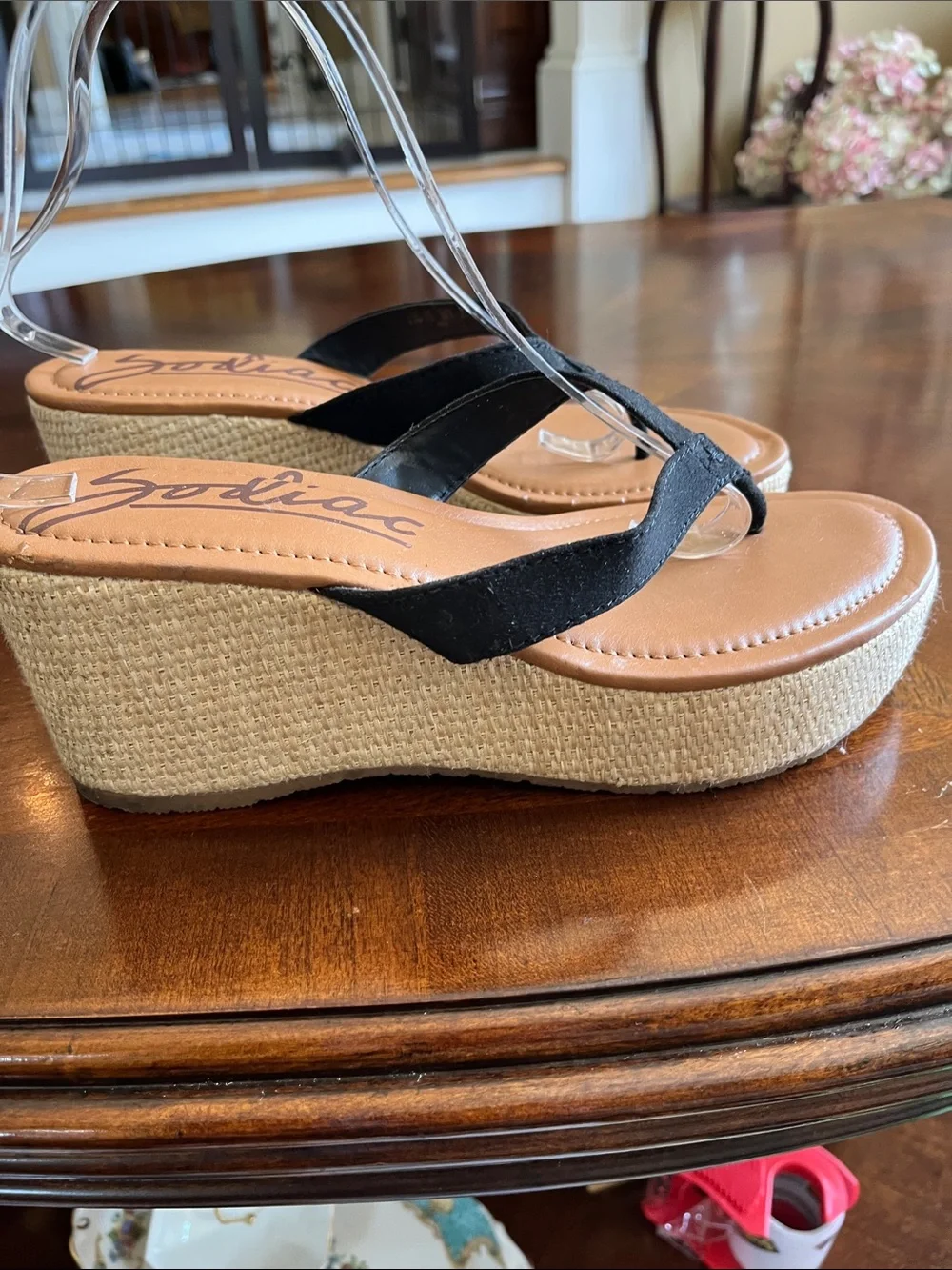 Zodiac Black and Tan Espadrille Wedge Thong